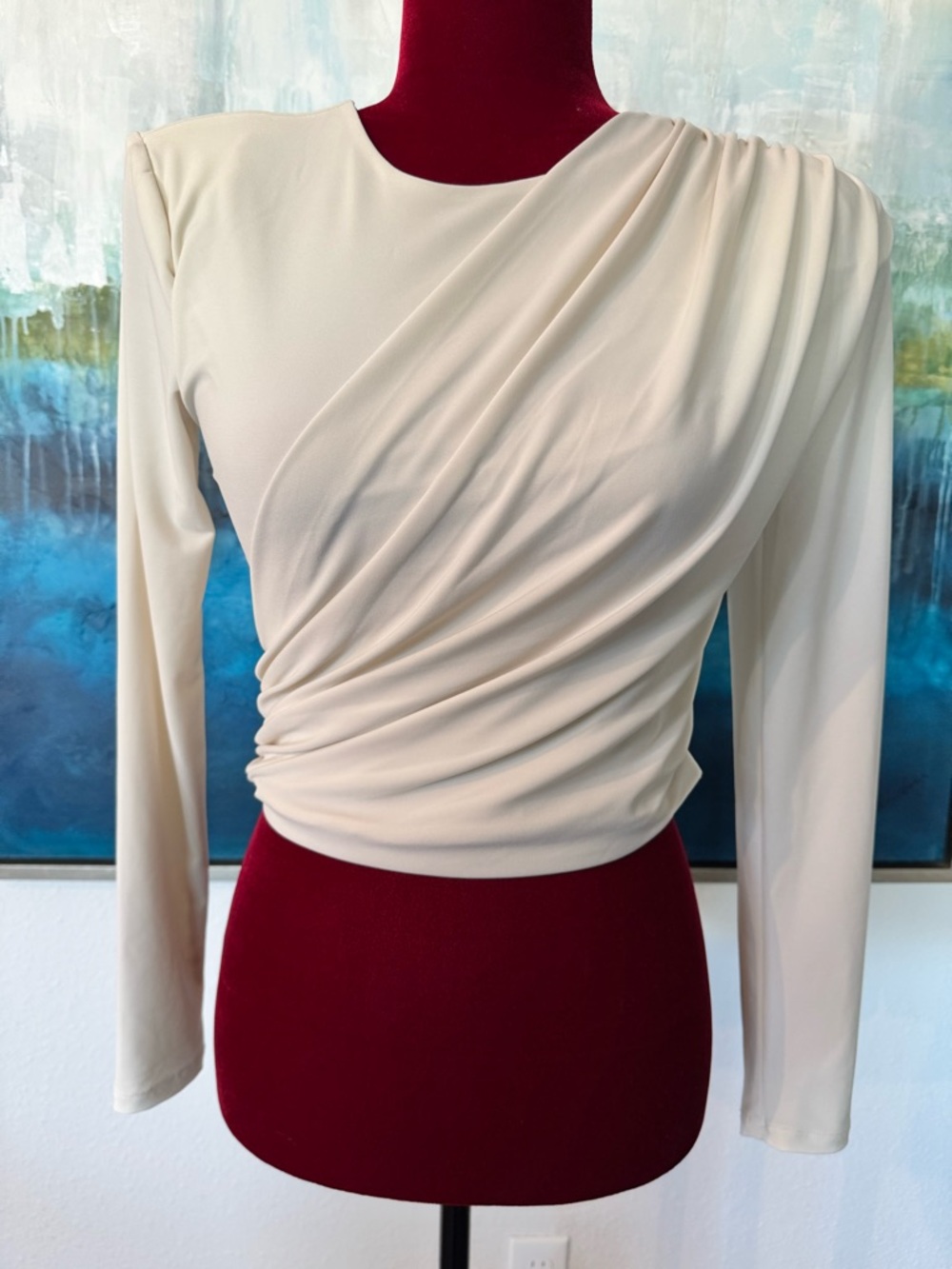 Express Cream Draped Front Long-Sleeve Top XS